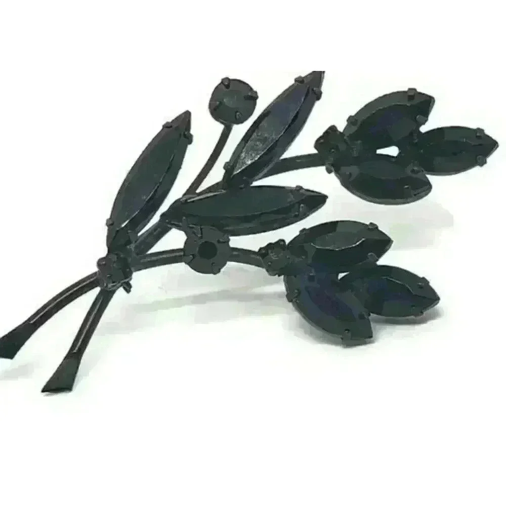Vintage Brooch Jett Black Rhinestones Japanned Finish Leaf Mourning - Picture 2 of 6